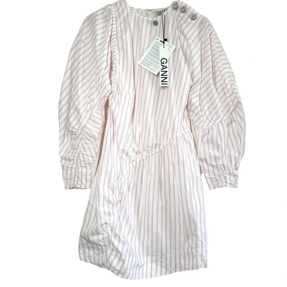 Ganni Stripe Long Puff Sleeve Cotton Mini Dress Cherry Blossom size 38/M/6 - Picture 2 of 16